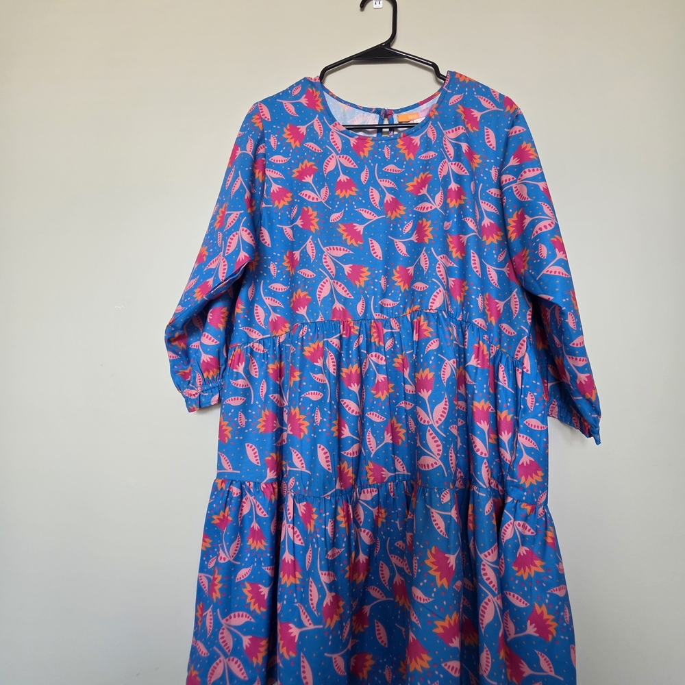 Briton Court Floral Tiered Dress Size XL NWT Blue Pink Boho Long Sleeve